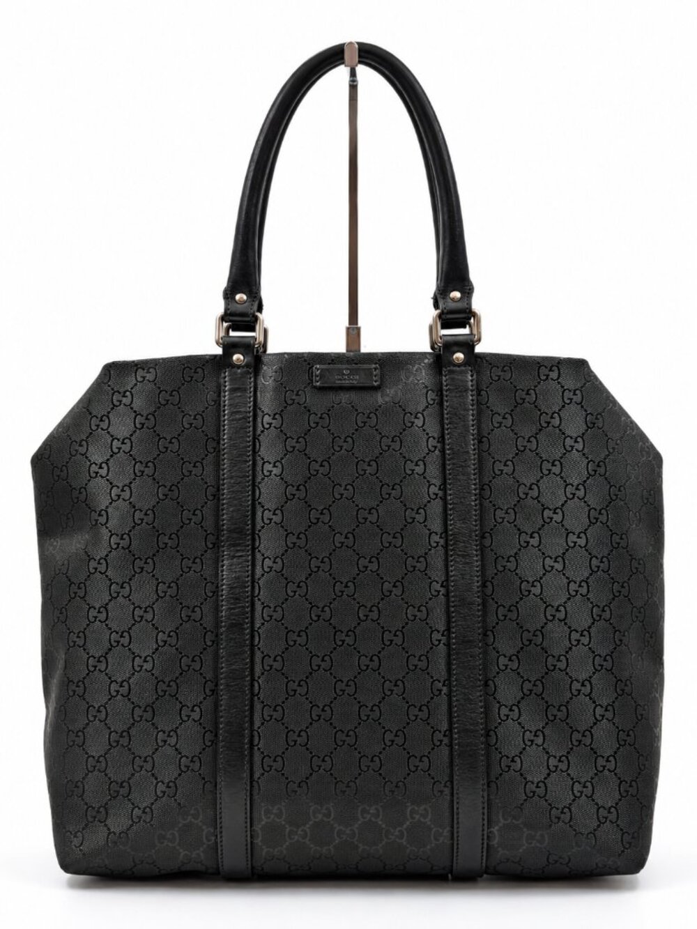 Gucci Black GG Monogram Canvas Leather Tote Shoulder Bag